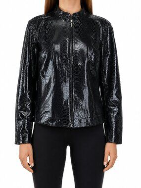 Women's Black Genuine Leather Snakeskin Embossed Zip-Up Jacket, Size 3